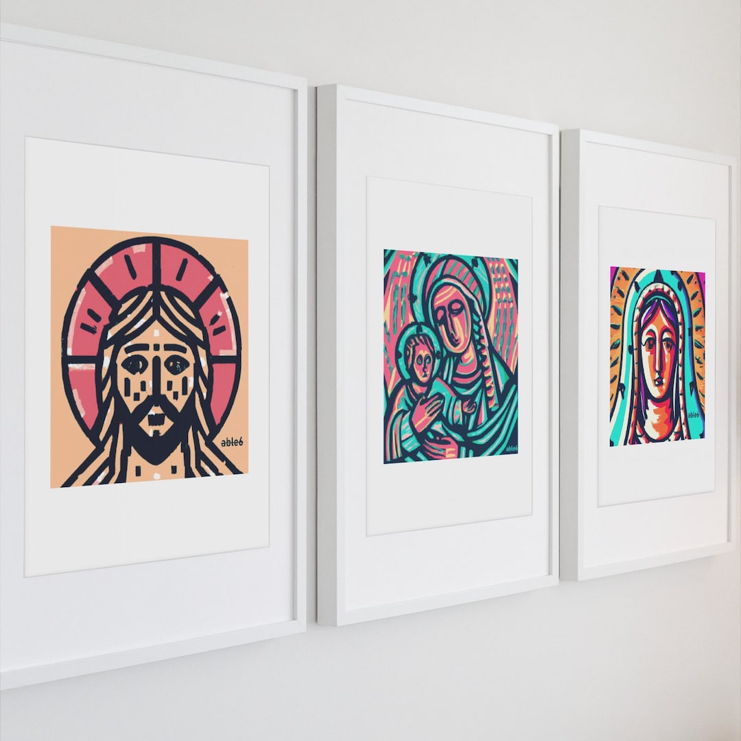 Religious Christian Catholic Icon Art Print, Jesus, Virgin Mary, Holy
