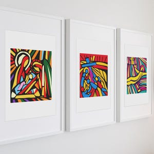Contemporary minimalist Jesus trilogy wall art, Modern abstract Christian salvation story prints, Traditional religious Easter artwork