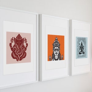 Hindu deity wall art for spiritual home decor, Traditional Lakshmi prosperity art prints, Handcrafted Ganesha paintings for meditation space