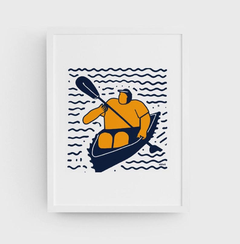 May include: A blue and orange illustration of a person kayaking on wavy water. The person is wearing a hat and is holding a paddle.