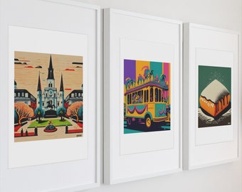 New Orleans Art Print: St. Louis Cathedral, Mardi Gras Float, Beignets
