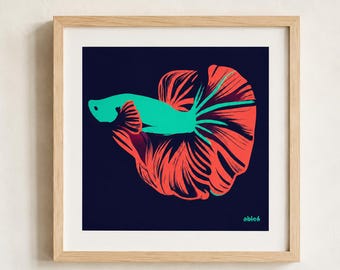 Lámina artística de peces tropicales: Pez betta, pez luchador siamés