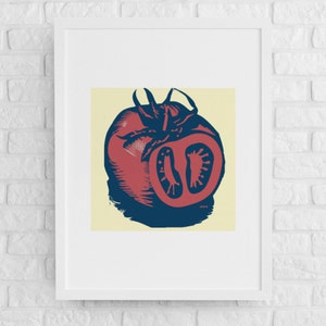May include: A red tomato with a blue stem and leaves, illustrated in a vintage style on a cream background.