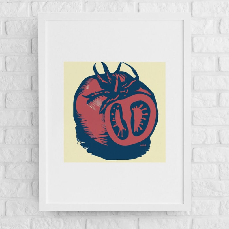 May include: A red tomato with a blue stem and leaves, illustrated in a vintage style on a cream background.