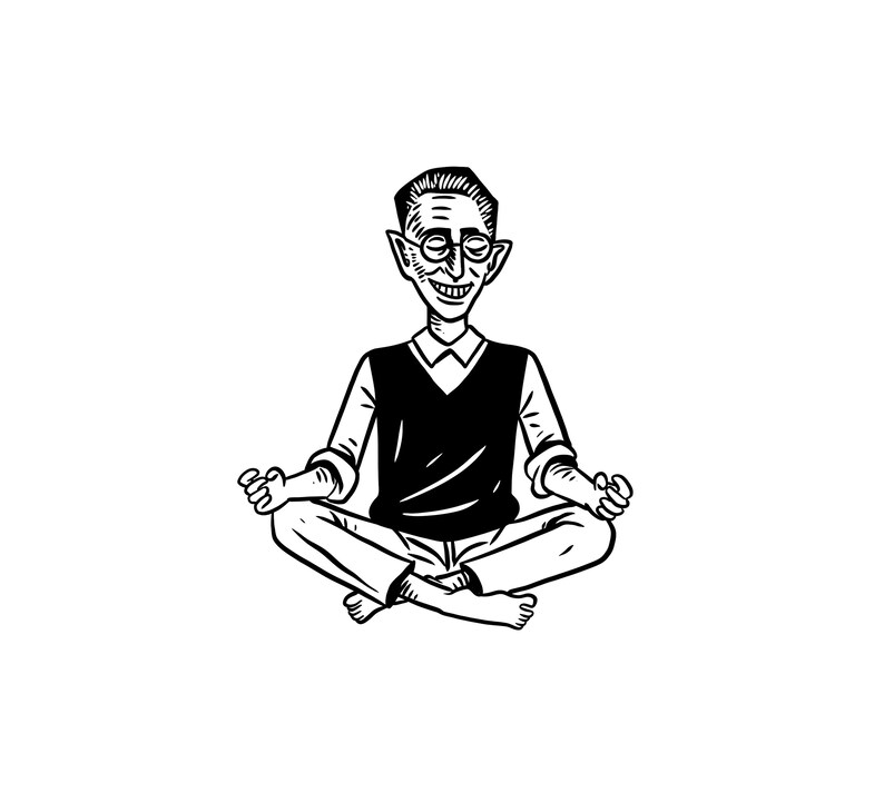Op de afbeelding: Een zwart-wit lijntekening van een persoon met kort haar en een ronde bril, gekleed in een overhemd met kraag onder een mouwloos vest en een broek. De persoon zit in een gekruiste meditatiehouding met de handen rustend op de knie&euml;n.