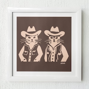 Cowboy katten kunstafdruk - grappige kattenkunst, kattenliefhebber cadeau, Limited Edition print door Capable6 - 12 x 12 INGELIJST