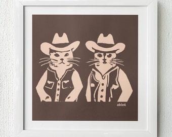 Cowboy Cats Art Print -  Funny Cat Art, Cat Lover Gift, Limited Edition Print by able6 - 12 x 12 UNFRAMED