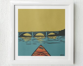 Kayaking The Potomac River With a View Of The Key Bridge And Georgetown Washington DC Art Print