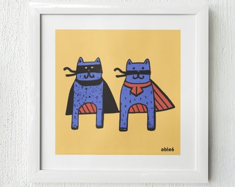 Super Cats Art Print -  Funny Cat Art, Cat Lover Gift, Superhero Cat Art by able6 - 12 x 12 UNFRAMED