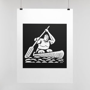 May include: Black and white illustration of a person paddling a canoe on a body of water. The person is wearing a shirt and shorts. The canoe is made of wood and has a pointed bow. The water is represented by a series of waves.