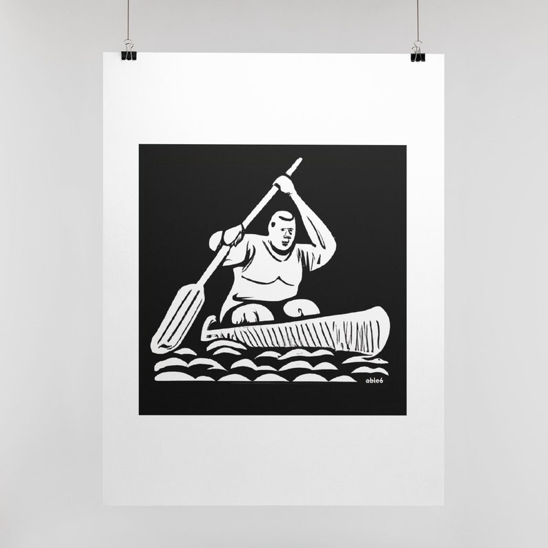 May include: Black and white illustration of a person paddling a canoe on a body of water. The person is wearing a shirt and shorts. The canoe is made of wood and has a pointed bow. The water is represented by a series of waves.