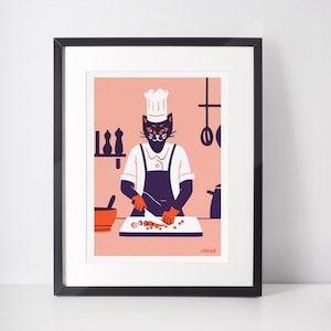 Funny cat cooking kitchen wall art, Whimsical chef cat cartoon prints, Cat wearing chef hat culinary artwork