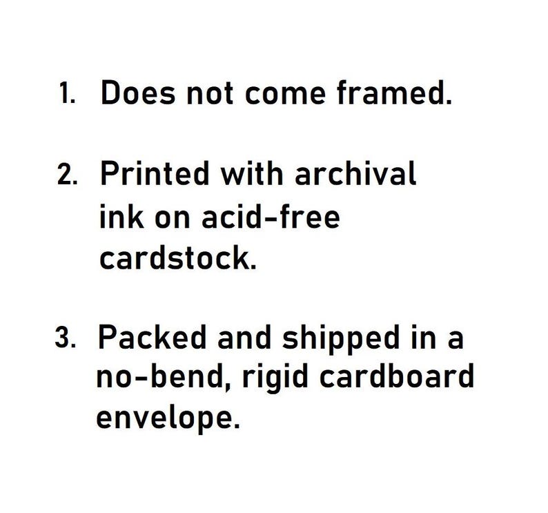 Op de afbeelding: Een witte informatiekaart met zwarte tekst die luidt: 1. Does not come framed. 2. Printed with archival ink on acid-free cardstock. 3. Packed and shipped in a no-bend, rigid cardboard envelope. De tekst is in een schreefloos lettertype.