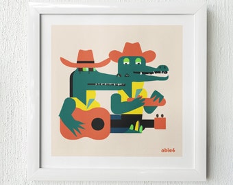 Cowboy Crocs Art Print, Crocodiles Playing Music In Western Outfits Artwork, Whimsical Western Art - UNFRAMED by able6