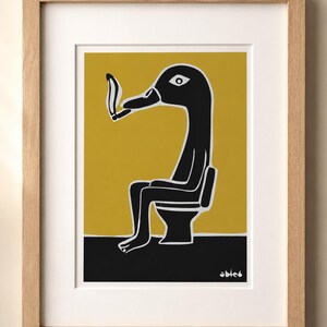 Duck Smoking on Toilet Art Print | Funny Bathroom Wall Decor | Stoner Gift | 420 Cannabis Humor | Shitting Duck Poster