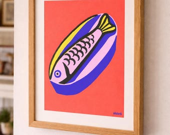 Quirky Sardine Can Linocut Style Print - Vintage Kitchen Art