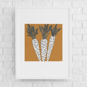 May include: A digital illustration of three white carrots with green tops on a mustard yellow background.