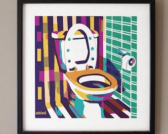 Retro colorful watercolor style toilet art print for powder room or bathroom