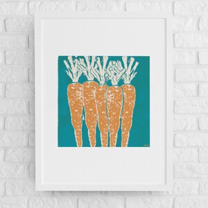 May include: A digital illustration of four orange carrots with white tops against a teal background.