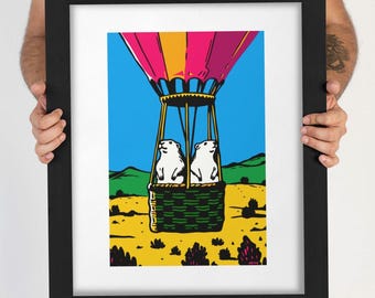Prairie Dogs Hot Air Balloon Art Print - Limited Edition - 11 x 14 inches