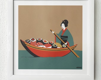 Wydruk artystyczny „Sushi Boat”: Fantastyczna grafika przedstawiająca sushi (30 x 30 cm)