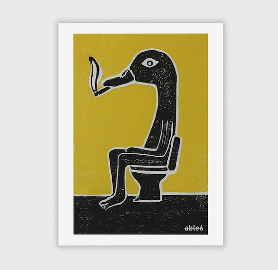 Duck Smoking on Toilet Art Print | Funny Bathroom Wall Decor | Stoner Gift  | 420 Cannabis Humor | Shitting Duck Poster