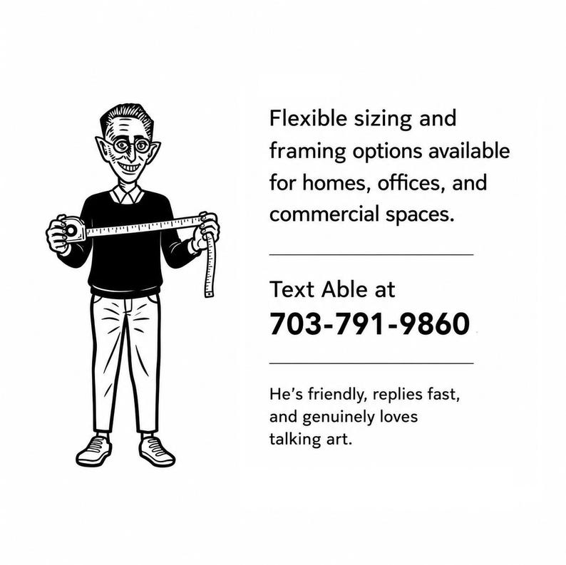 Op de afbeelding: Een zwart-witte lijntekening van een persoon met een bril en een trui, die een meetlint vasthoudt. De tekst luidt: Flexible sizing and framing options available for homes, offices, and commercial spaces. Text Able at 703-791-9860.
