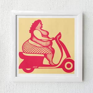 Body positive vespa art print for curvy women, Plus size girl on scooter wall decor, Inclusive female motorcycle rider illustration print
