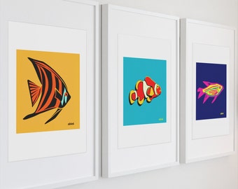 Tropical Fish Art - Tropical Wall Decor Artwork - Angelfish, Clown Fish, Neon Tetra Art Print - by able6