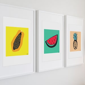 Tropical fruit watercolor kitchen print set, Colorful pineapple papaya watermelon wall decor, Bright summer fruit botanical art prints