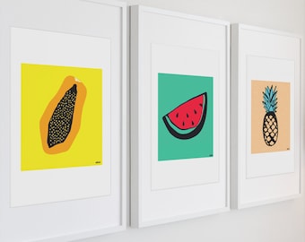 Tropical Fruit Watercolor Print Set: Kitchen Wall Art