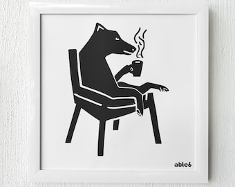 Impresión artística de café con perro divertido: obra de arte caprichosa «Barkista»