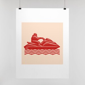 May include: Red illustration of a person riding a jet ski on a red and white zig-zag pattern. The text "abbie6" is at the bottom left of the image.