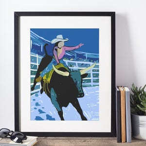 Female bull rider rodeo art print, Cowgirl champion bull riding watercolor print, Western woman bull rider wall art decor