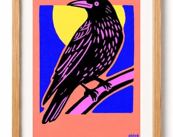 Vibrant Linocut Style Crow Print - Bold Block Print Art