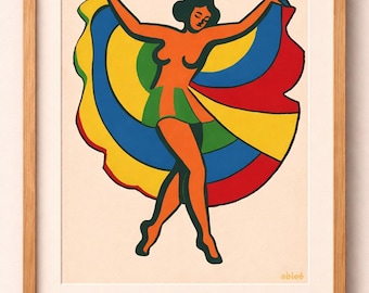 Dancing Girl Linocut Style Print - Joyful Movement Art
