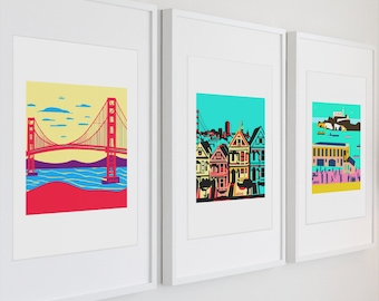 San Francisco Art Print, Golden Gate Bridge,  Painted Ladies, Alcatraz, Lombard St, Cable Car Fine Minimalist Art by able6