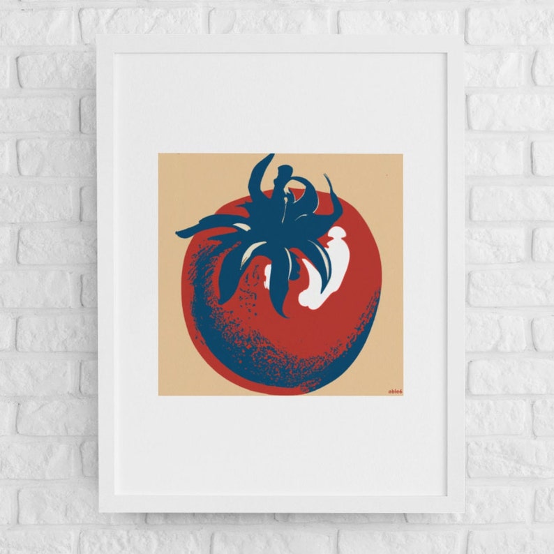 May include: A red tomato with a blue stem and leaves on a beige background. The tomato is stylized and has a textured appearance.