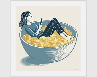 Mac & Cheese Food Art Print: Woman Relaxing in Cheesy Bowl