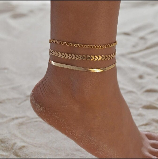 3Pcs Ankle Bracelet Women Anklet Adjustable Chain Foot Beach Jewelry Gold New 