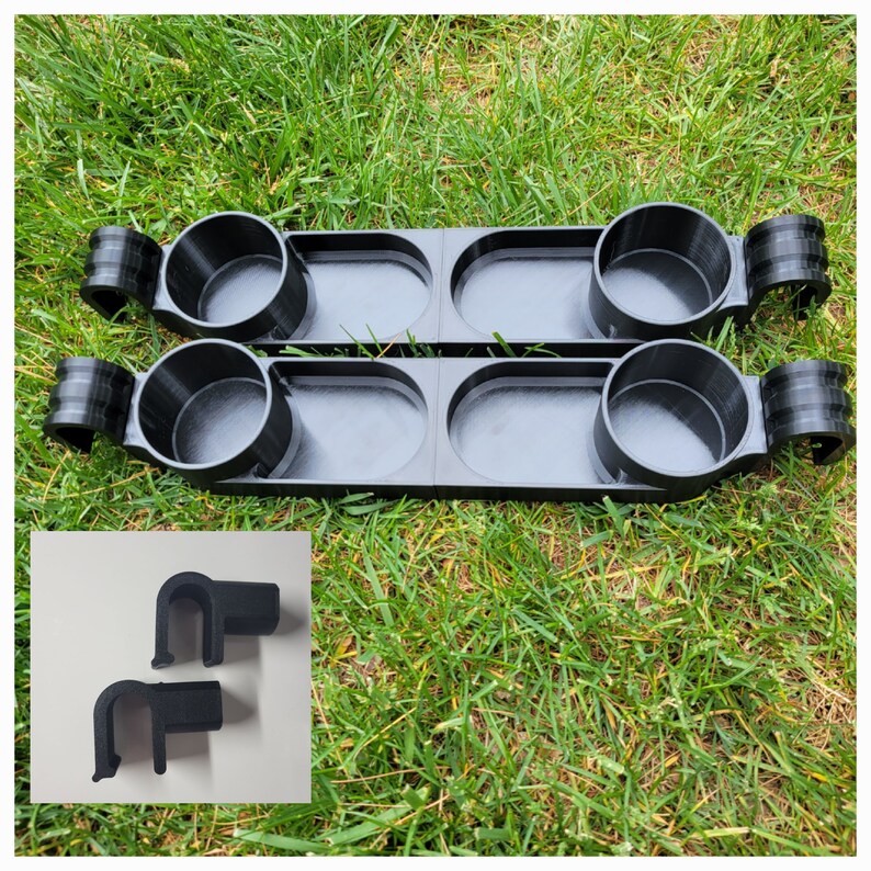 May include: Black plastic drink holder with six cup slots. The holder has two sections that can be connected together. The holder is designed to be attached to a railing or other surface.