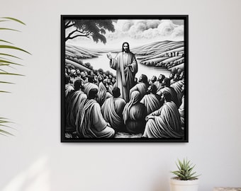 Bergpredigt Leinwandkunst - Jesus lehrt Gemälde, Schwarzkiefernrahmen