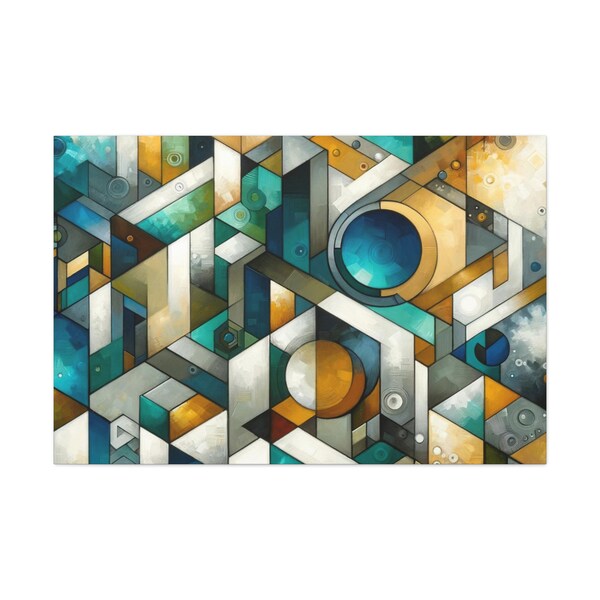 Teal, Gold, & White Abstract Oil Painting Canvas - Modern Home Decor, Office Artwork, Dynamic Shapes, Vibrant Wall Art