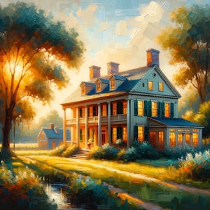 Puede incluir: Una pintura de una gran casa blanca con columnas, rodeada de exuberantes árboles verdes y un arroyo. La casa tiene un porche grande con una barandilla de madera y una escalera que conduce a la puerta principal. El sol se está poniendo en el fondo, proyectando un cálido resplandor sobre la escena.