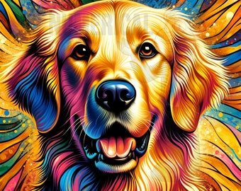 Puede incluir: Una pintura abstracta colorida de un perro golden retriever con un fondo de arcoíris brillante.