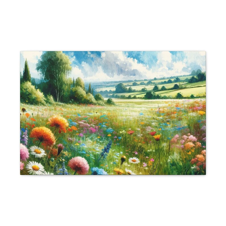 Springtime Wildflower Meadow Canvas Vibrant Watercolor Floral Art