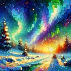 May include: A painting of a snowy forest scene with a vibrant aurora borealis in the sky. The aurora is a mix of green, blue, purple, and yellow, and the stars are visible in the dark blue sky. The trees are silhouetted against the bright sky, and the snow is white and fluffy.