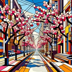 May include: A colourful, abstract painting of a city street lined with trees in bloom. The buildings are geometric and the trees are stylised with pink blossoms. The street is paved with a pattern of yellow, orange, and black squares.