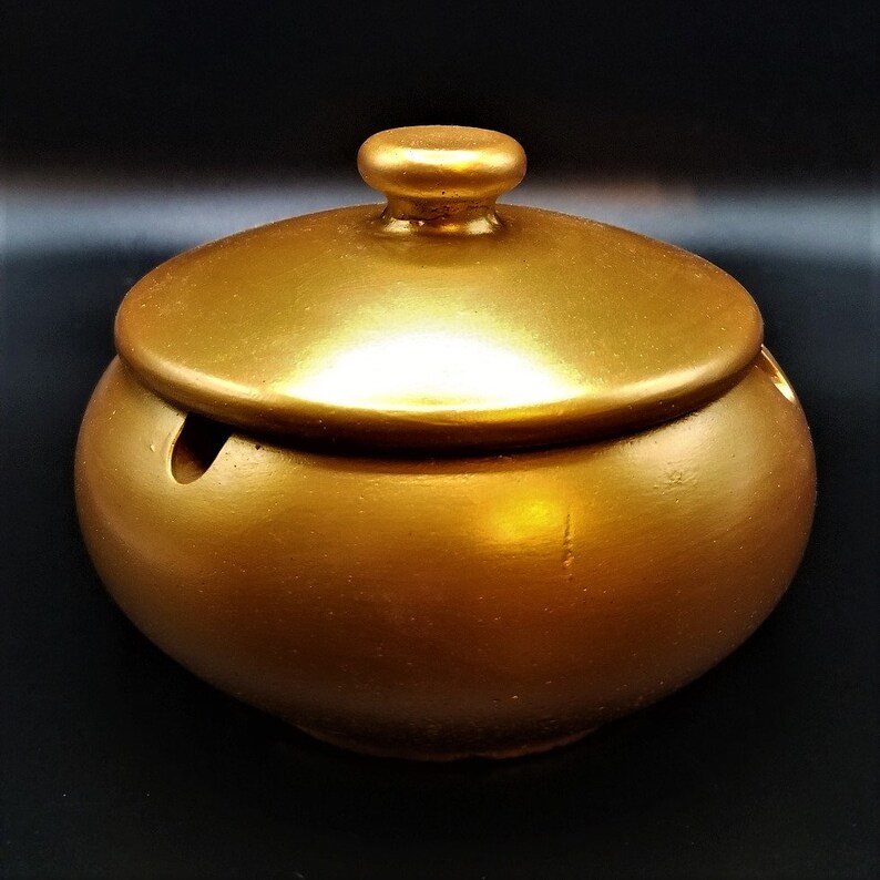 Ashtray With Lid Gold Hand Painted Concrete Container Etsy