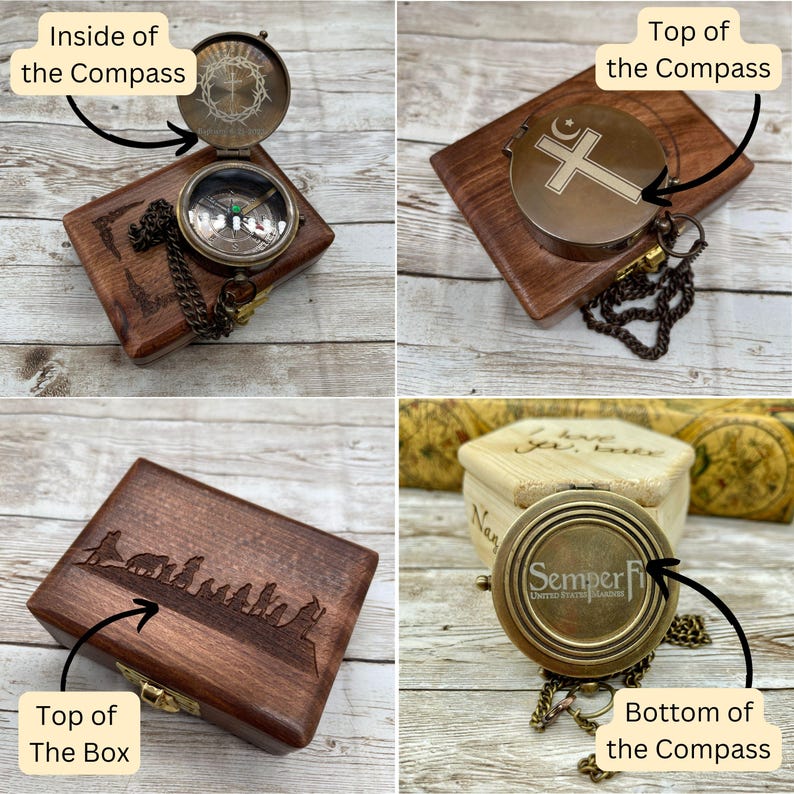 May include: A wooden box with a compass inside. The compass has a metal chain and a design on the top. The box has a design on the top and the words "Semper Fi" on the bottom of the compass.